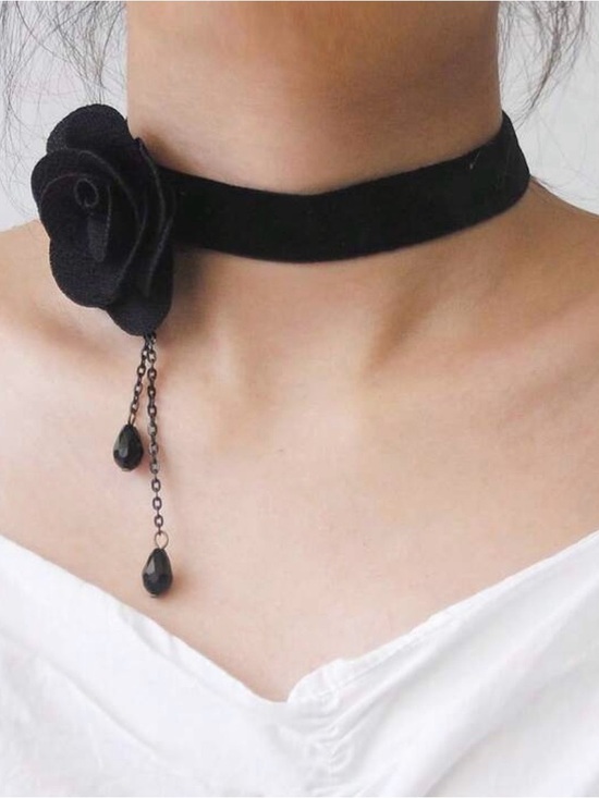 Accessories - Black Velvet Rose Choker Necklace with Dangle Beads